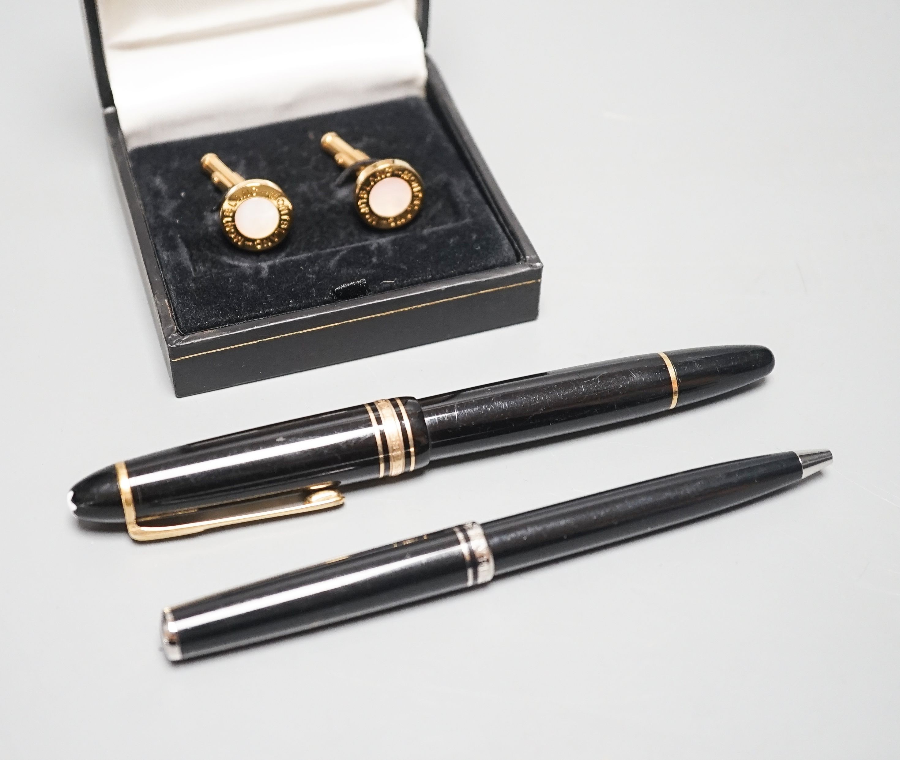 A cased pair of Montblanc cufflinks, a Montblanc Meisterstuck fountain pen No 146 with 4810 14k nib and a Montblanc Generation ballpoint pen
